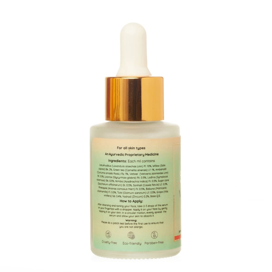Back view of varnya acne vanish bottle from Green Studio Ayurveda on a white background