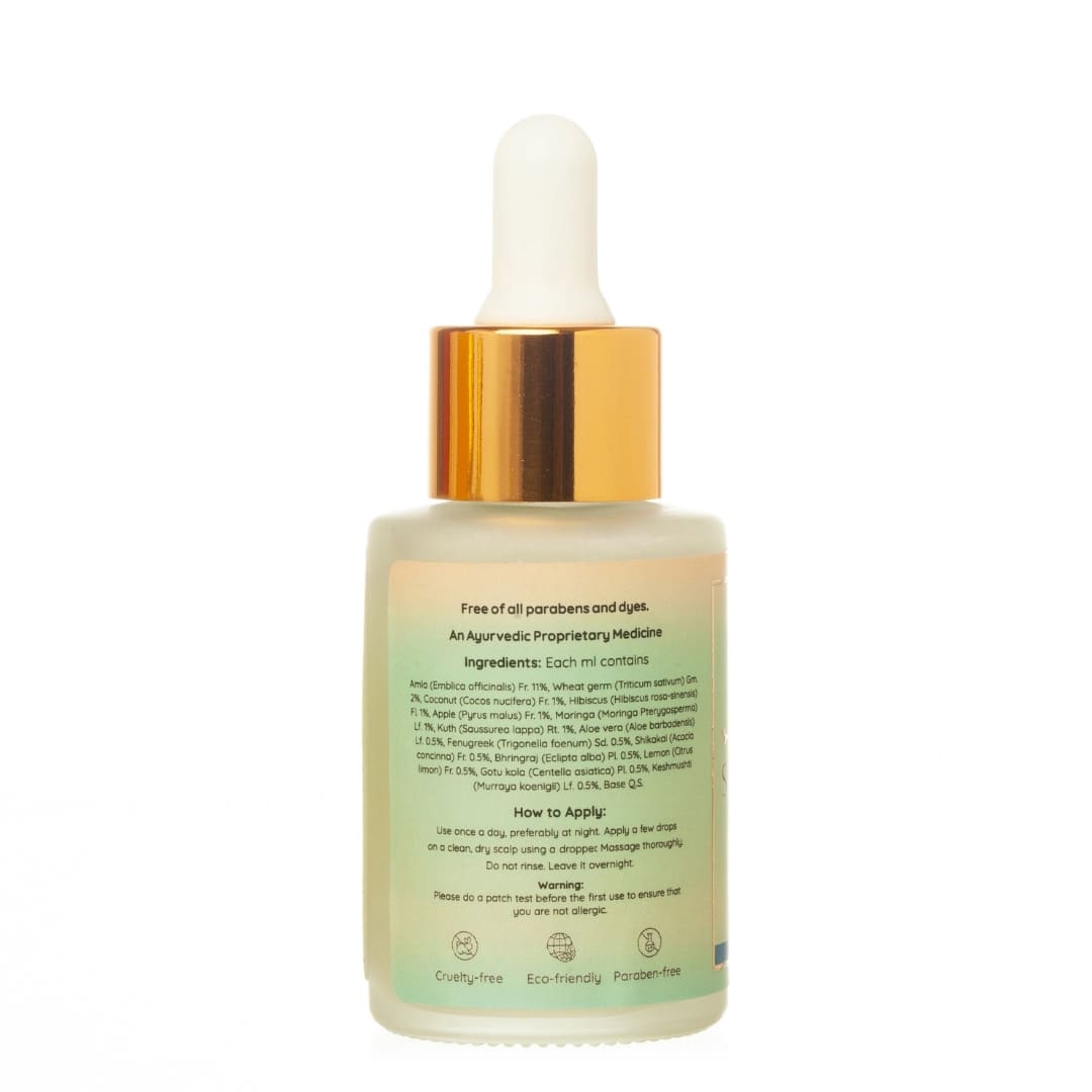 Back view of Sukeshya anti hair fall serum from Green Studio Ayurveda on a white background