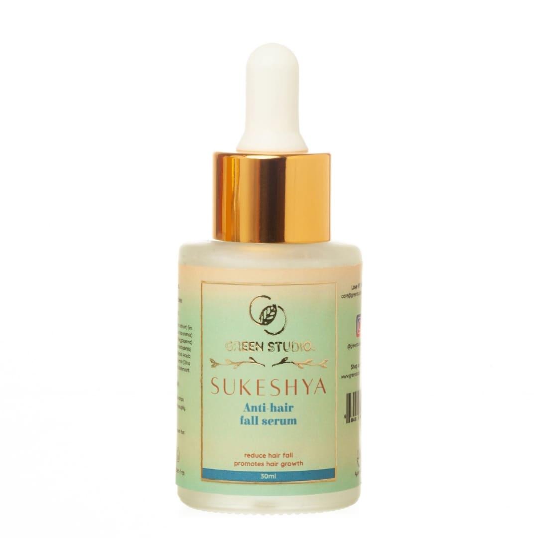 Front view of Sukeshya anti hair fall serum from Green Studio Ayurveda on a white background