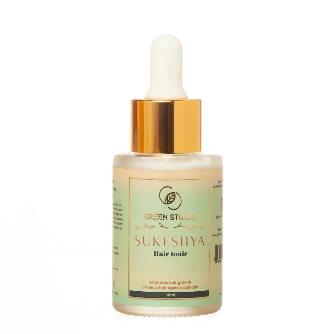Front view of Sukeshya hair tonic from Green Studio Ayurveda on a white background