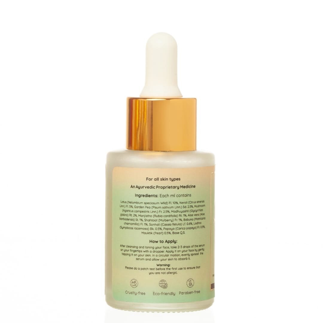Back view of varnya madhuyasti face serum bottle from Green Studio Ayurveda on a white background