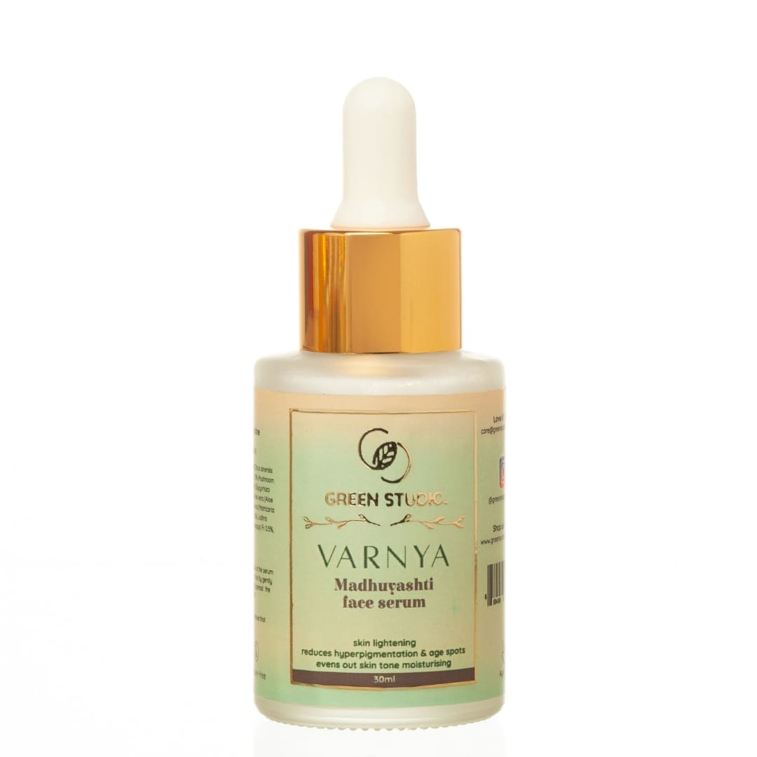 Front view of varnya madhuyasti face serum bottle from Green Studio Ayurveda on a white background