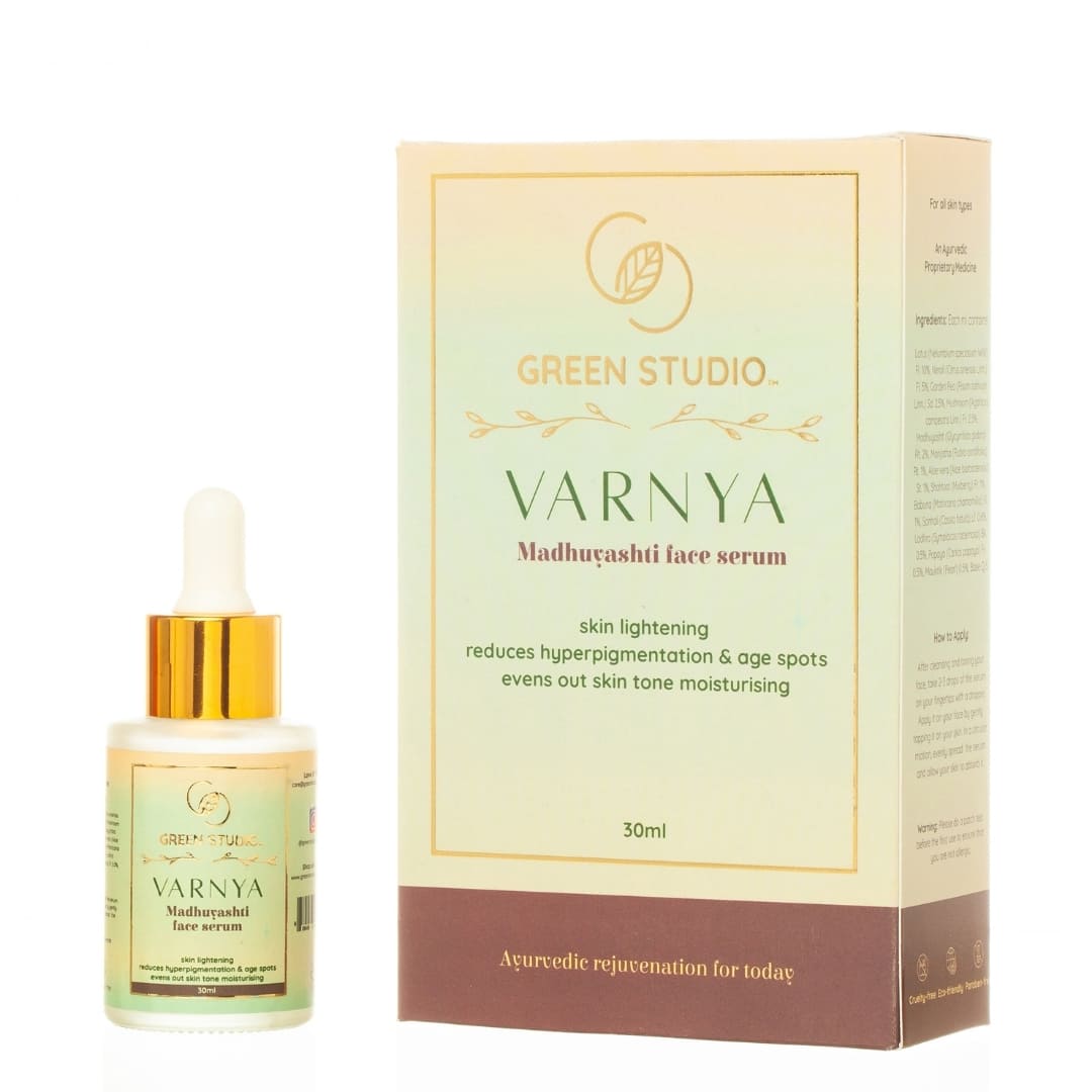 Full Package front view of Varnya Madhuyashti ayurvedic serum bottle on a white background