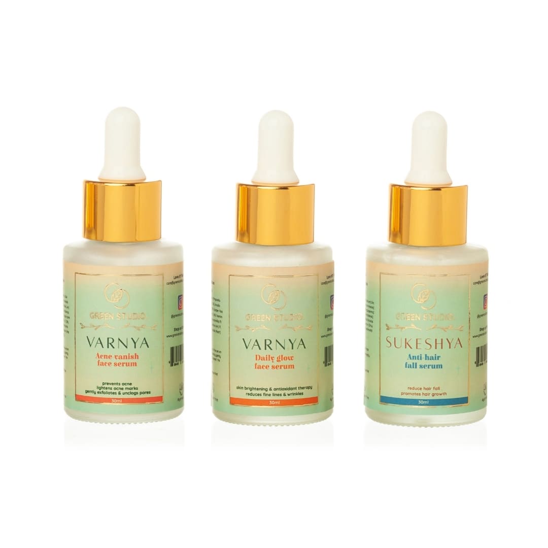 Front view of Ayurvedic Serums of On-the-go Combo packs arranged in white background