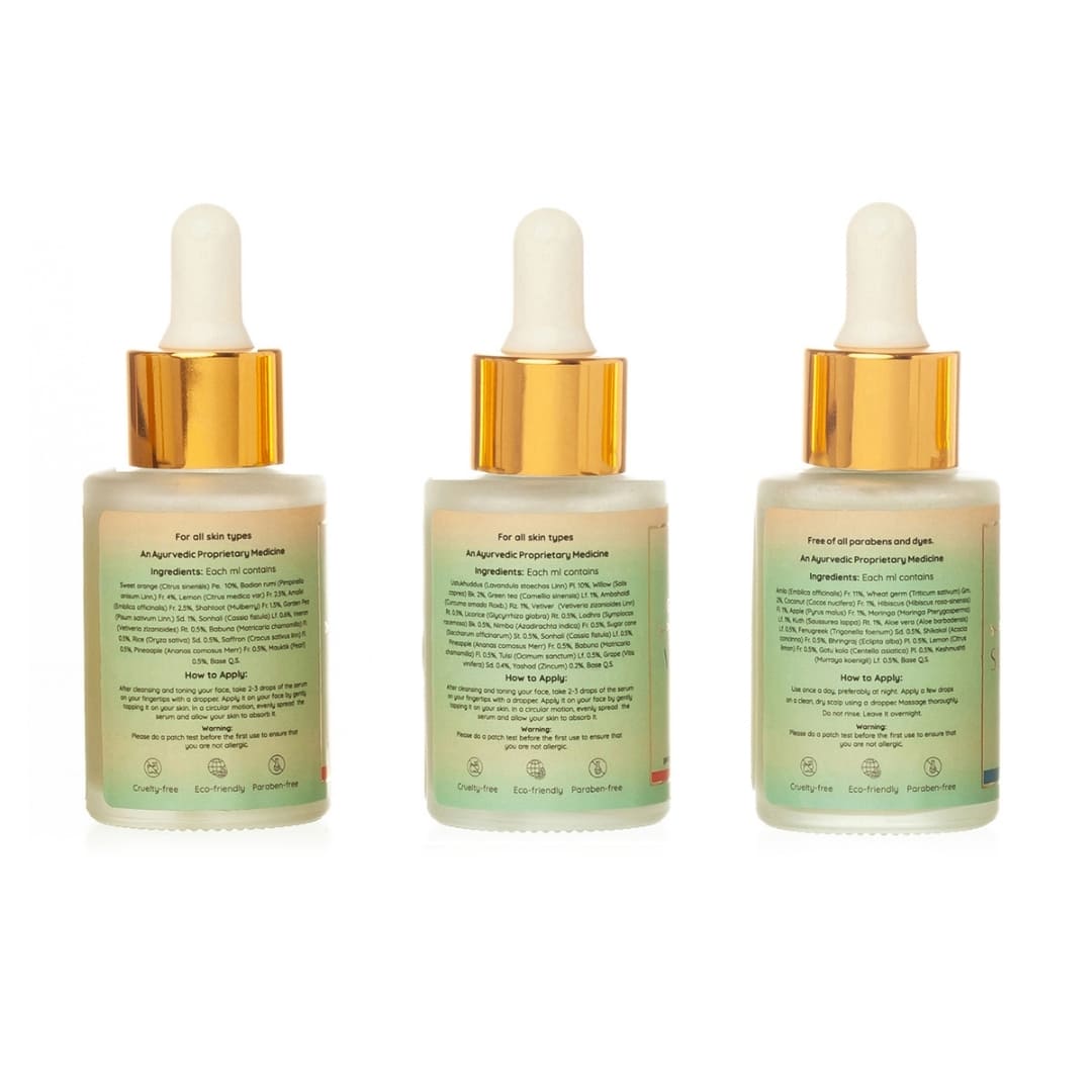Ayurvedic Serums of Green Studio Ayurveda Products arranged in the back view of radiate and revive combos