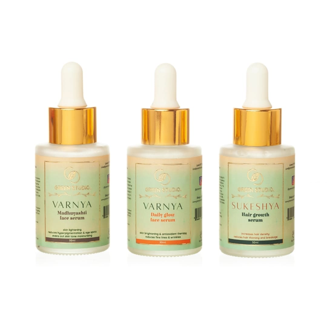 Ayurvedic Serums of Green Studio Ayurveda Products arranged in the front view of radiate and revive combos