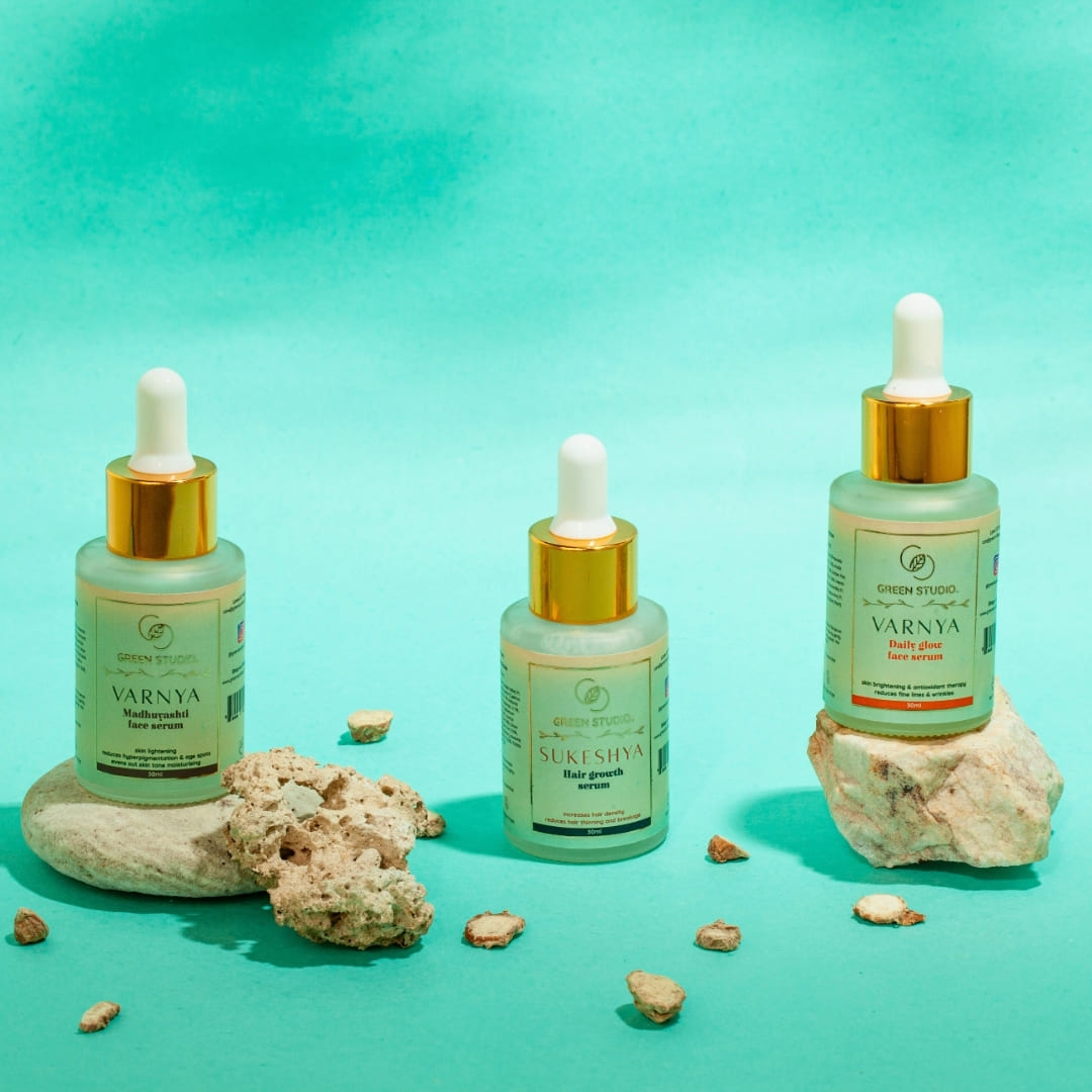 Ayurvedic Serums of Green Studio Ayurveda Products stylised in the front view of radiate and revive combos