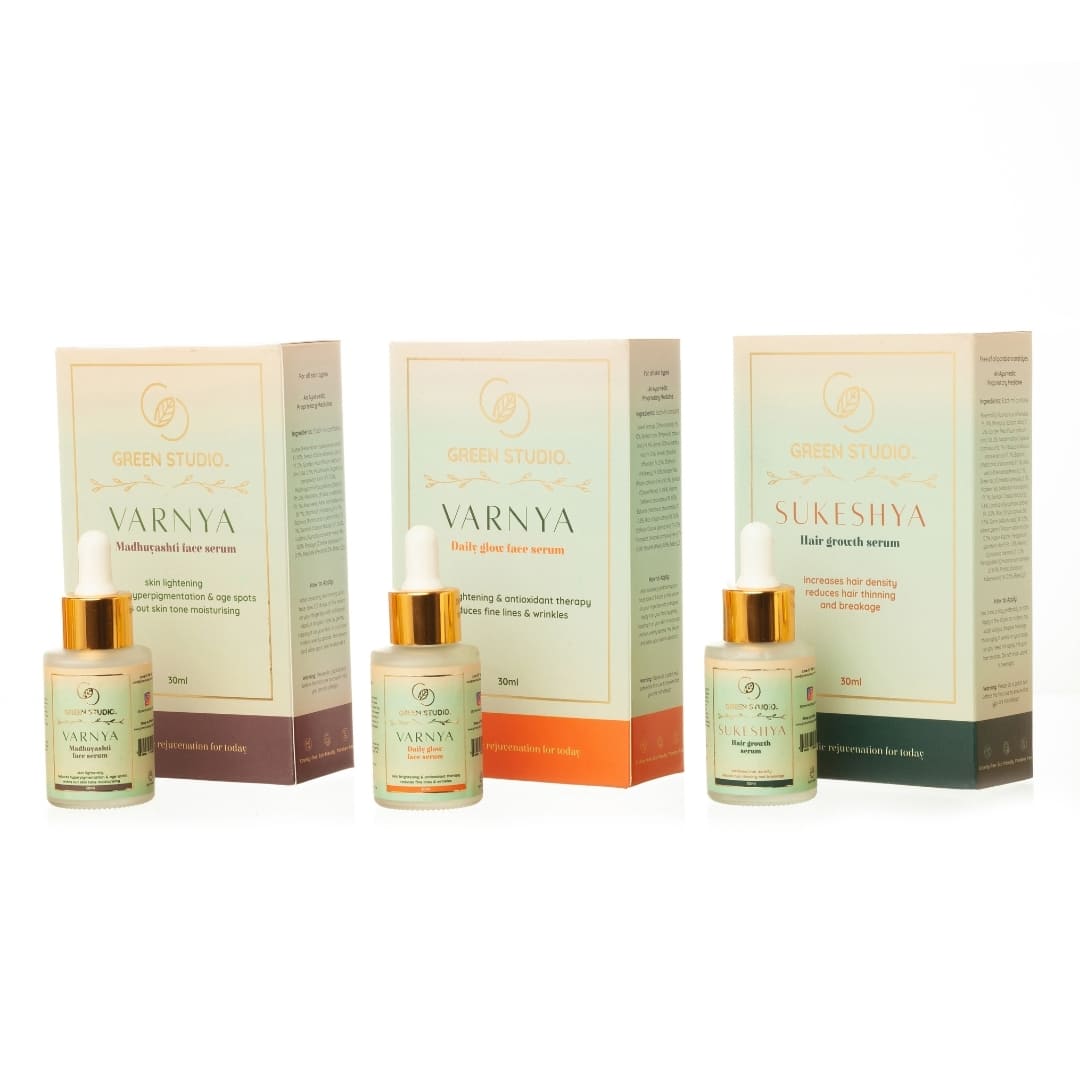Packaged Ayurvedic Serums of Green Studio Ayurveda Products arranged in the front view of radiate and revive combos