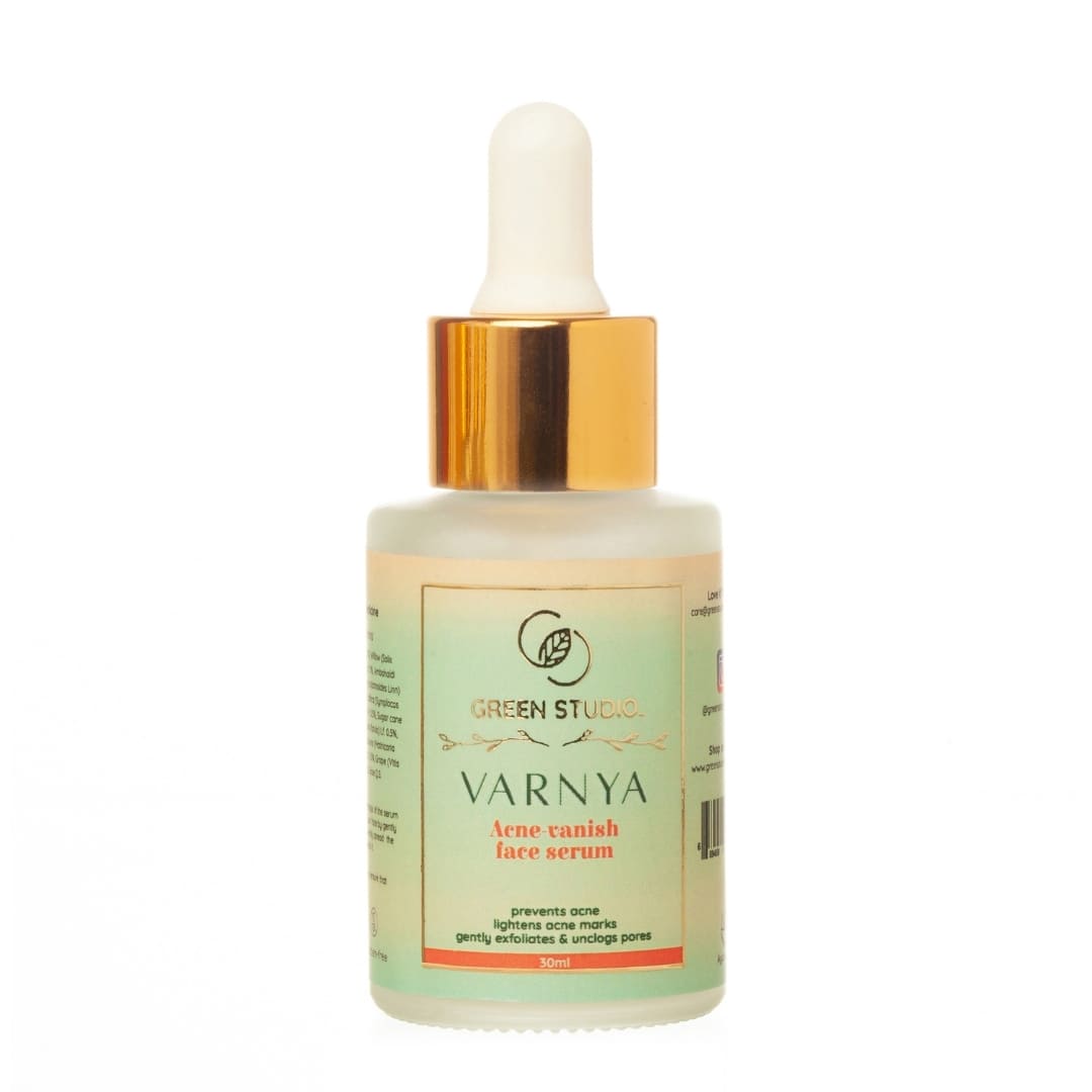 Front view of varnya acne vanish bottle from Green Studio Ayurveda on a white background