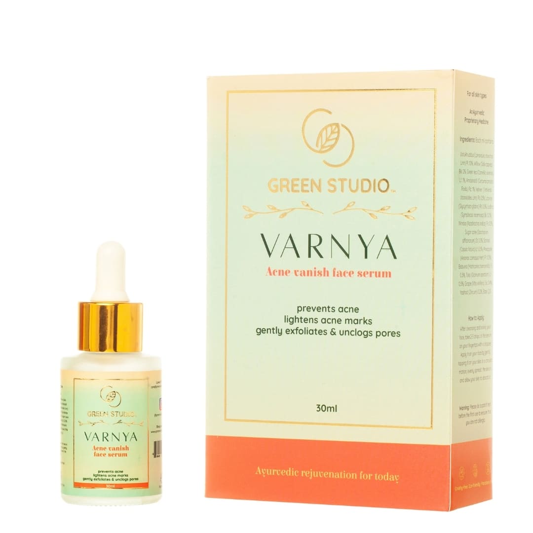 Full Package front view of Varnya acne vanish face serum bottle on a white background