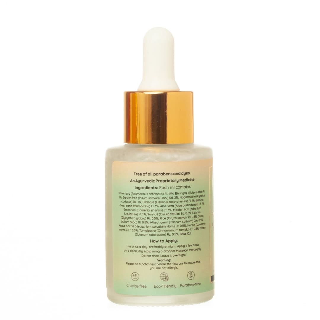 Back view of Sukeshya hair growth serum from Green Studio Ayurveda on a white background