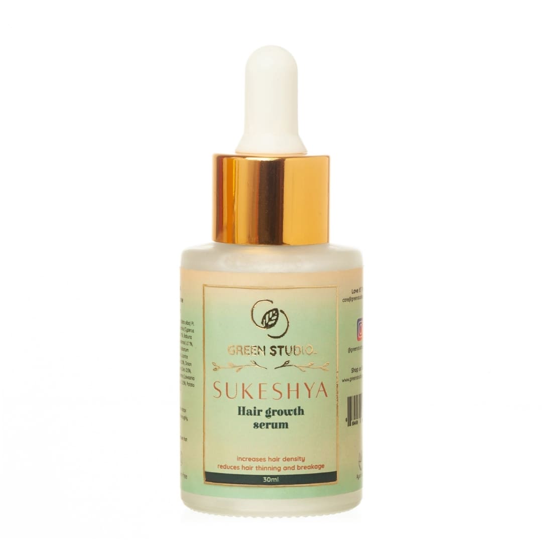 Front view of Sukeshya hair growth serum from Green Studio Ayurveda on a white background