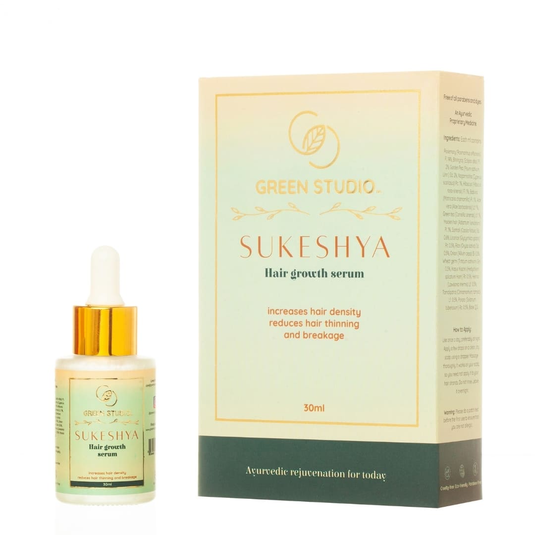 Full Package front view of Sukeshya hair growth serum from Green Studio Ayurveda on a white background