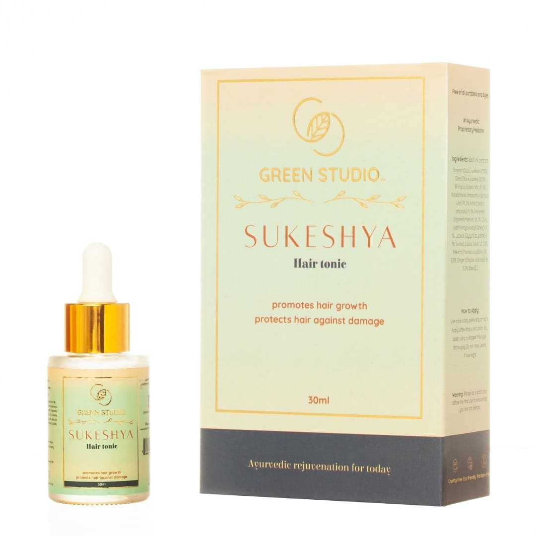 Full Package front view of Sukeshya hair tonic from Green Studio Ayurveda on a white background